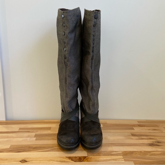 Western Diesel heeled platform boot distressed leather black grey denim harness - Picture 8 of 16